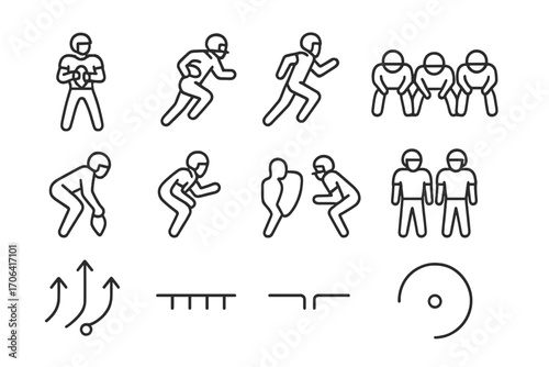 Football Role Icons. Line style icons of offense and defense roles: QB icon, RB icon, WR icon, OL formation; DL symbol, LB stance,