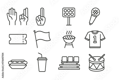 Stadium Spirit Icons. Line style icons of fan and stadium atmosphere: cheering hands, foam finger, stadium lights, announcer mic;