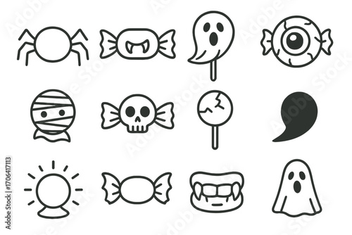 Spooky Candy Icons. Line style icons of haunted candy decorations: candy with spider legs, wrapped with fangs, ghost swirl,