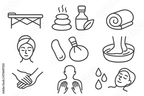 Massage Therapy Icons. Line style icons of massage and spa therapy: massage table, hot stones, oil bottle, rolled towel; headband,