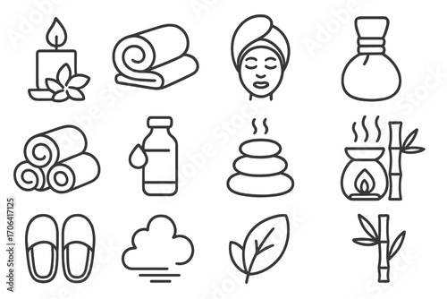 Spa Relaxation Icons. Line style icons of spa relaxation items: lit candle, flower petals, face mask, herbal compress; warm towel,