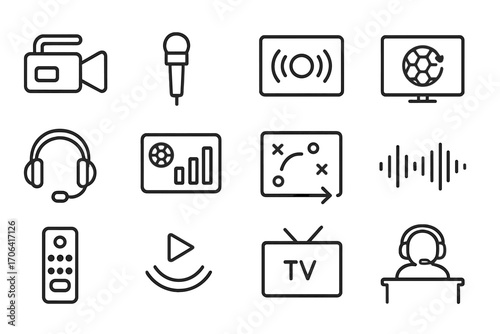 Football Broadcast Icons. Line style icons of football broadcasts and media: camera, mic, live broadcast icon, replay screen;
