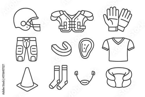 Football Gear Icons. Line style icons of football gear and equipment: helmet, shoulder pads, cleats, gloves; football pants,