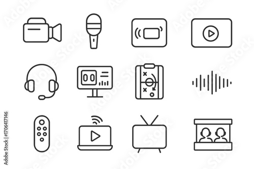 Football Broadcast Icons. Line style icons of football broadcasts and media: camera, mic, live broadcast icon, replay screen;