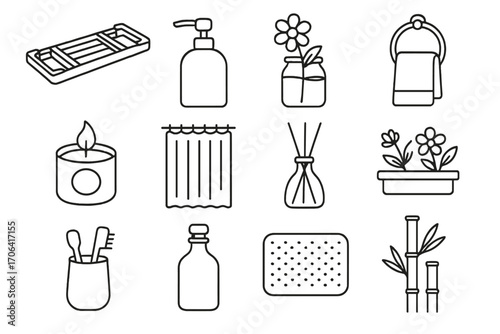 Bath Decor Icons. Line style icons of bath decor and accessories: wooden bath tray, soap pump, flower in jar, hanging towel;