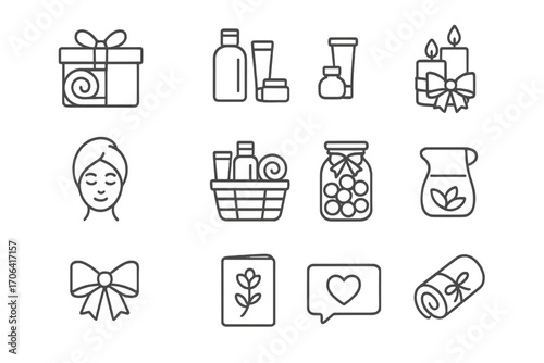 Spa Gift Icons. Line style icons of spa gift and kits: gift box with towel, product sampler, spa bundle, candle set; facial kit,
