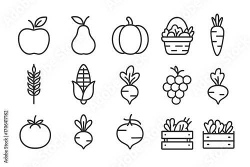 Harvest Symbol Icons. Line style icons of harvest symbols: apple, pear, pumpkin, carrot; wheat stalk, corn cob, basket of produce,