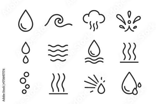 Water and Steam Icons. Line style icons of water and steam: water droplet, wave swirl, steam cloud, splash icon; dripping water,
