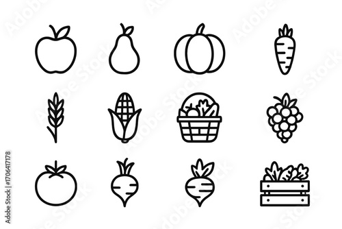 Harvest Symbol Icons. Line style icons of harvest symbols: apple, pear, pumpkin, carrot; wheat stalk, corn cob, basket of produce,
