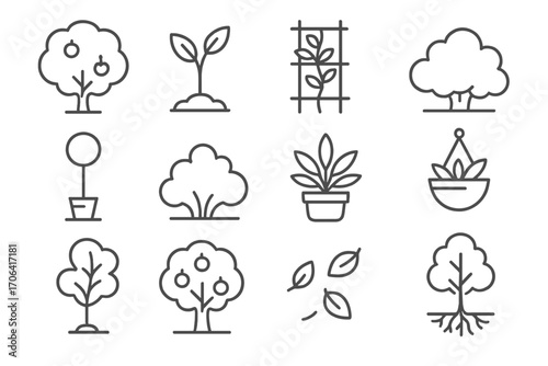 Line Style Plant Icons. Line style icons of trees and plants: fruit tree, young sapling, vine trellis, garden bush; topiary, small