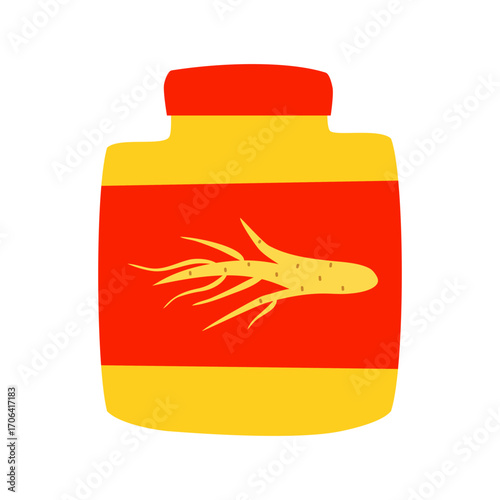 Hand drawn flat ginseng supplement in bottle isolated on white background.