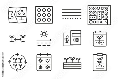Garden Planning Icons. Line style icons of garden layout and planning: garden map, planting grid, row layout, plot plan; spacing