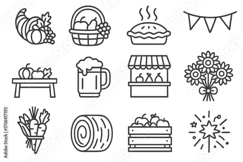 Harvest Celebration Icons. Line style icons of harvest celebration: cornucopia, basket with fruit, pie with steam, fall banner;
