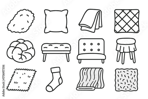 Soft Comfort Icons. Line style icons of soft surfaces and comfort: plush rug, velvet pillow, soft throw, quilted cover; fluffy