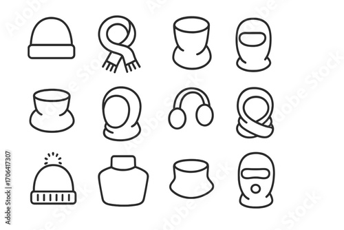 Headwear and Neck Accessories. Line style icons of head and neck accessories: beanie, wool scarf, snood, balaclava; neck warmer,