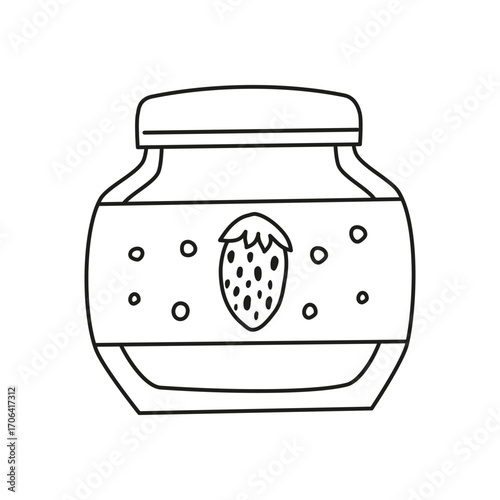 Cute hand drawn outline strawberry jam in glass bottle with label isolated on white background.