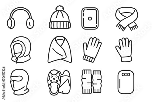 Winter Accessories Icons. Line style icons of accessories for freezing days: earmuffs, insulated hat, heat pack, thick scarf;