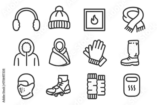 Winter Accessories Icons. Line style icons of accessories for freezing days: earmuffs, insulated hat, heat pack, thick scarf;