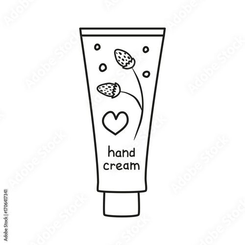 Cute hand drawn outline hand cream in tube with strawberries isolated on white background. Doodle cosmetic product.