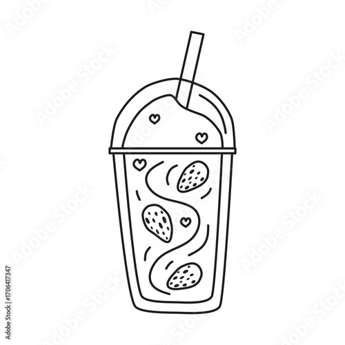 Cute hand drawn outline strawberry milkshake or smoothie isolated on white background.