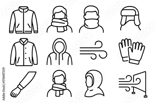 Cold Weather Gear Icons. Line style icons of cold wind protection: windproof coat, thick scarf wrap, high collar, earflap hat;