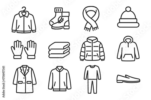 Minimal Winter Outfits. Line style icons of minimal winter outfit icons: jacket on hanger, boot with sock, scarf with loop, hat