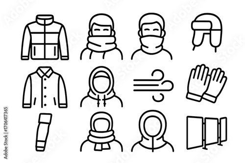 Cold Weather Gear Icons. Line style icons of cold wind protection: windproof coat, thick scarf wrap, high collar, earflap hat;