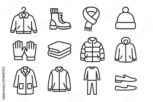 Minimal Winter Outfits. Line style icons of minimal winter outfit icons: jacket on hanger, boot with sock, scarf with loop, hat