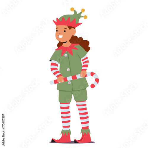 Cute girl cartoon character Christmas elf with candy cane sweet treats isolated on white background