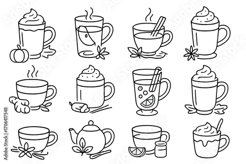 Line Style Beverages. Line style icons of warm seasonal beverages: pumpkin spice latte, hot apple cider, cinnamon tea, chai latte;