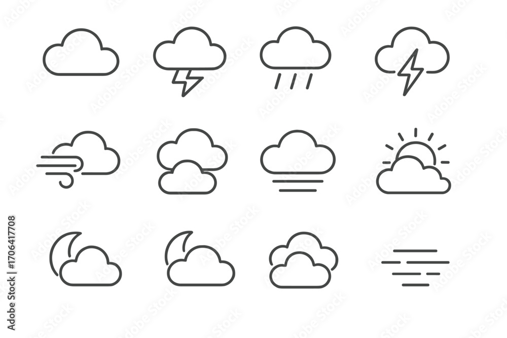Cloud Icon Variations. Line style icons of cloud and sky variations: fluffy cloud, stormy cloud, cloud with drizzle, cloud with
