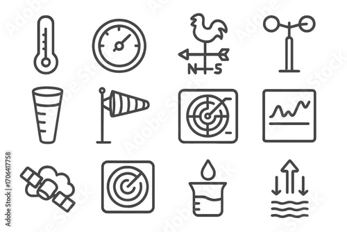 Weather Station Icons. Line style icons of weather station items: thermometer, barometer, weather vane, anemometer; rain gauge,