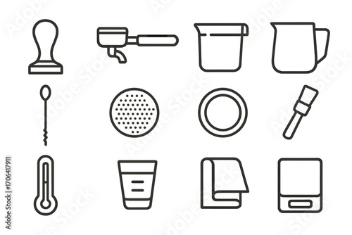 Barista Tool Icons. Line style icons of barista tools: tamper, portafilter, knock box, milk jug; bar spoon, puck screen, dosing