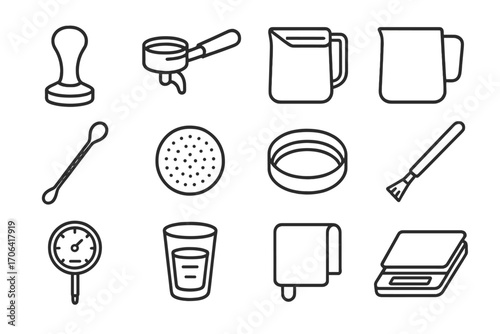 Barista Tool Icons. Line style icons of barista tools: tamper, portafilter, knock box, milk jug; bar spoon, puck screen, dosing