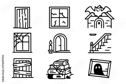 Haunted Halloween Icons. Line style icons of Halloween haunted house: creaky door, broken window, rooftop bat, attic ghost; cobweb