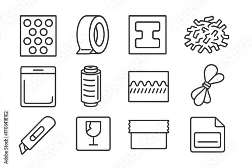 Packaging Icons Collection. Line style icons of packaging materials: bubble wrap, packing tape, foam insert, paper shred; sealed