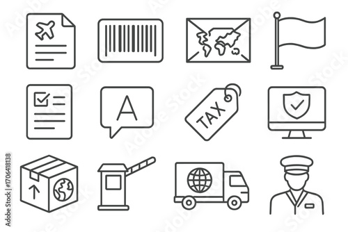 Cross-Border Logistics Icons. Line style icons of cross-border logistics: customs form, international barcode, foreign address,