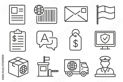 Cross-Border Logistics Icons. Line style icons of cross-border logistics: customs form, international barcode, foreign address,