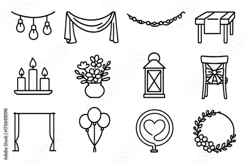 Decorative Line-Art Icons. Line style icons of decorative elements: hanging lights, draped fabric, garland, table runner; candle