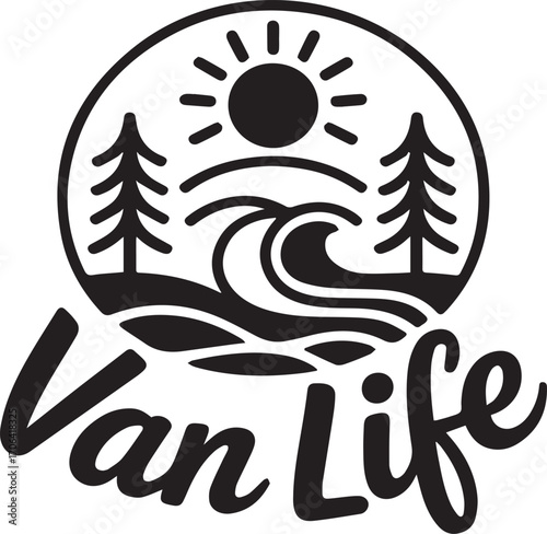 Black and white graphic logo with sun trees waves and text Van Life vector