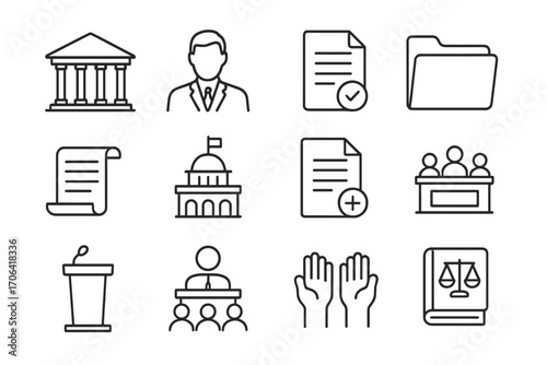 Public Law Icons. Line style icons of public law and government: government building, lawmaker icon, policy document, legislative