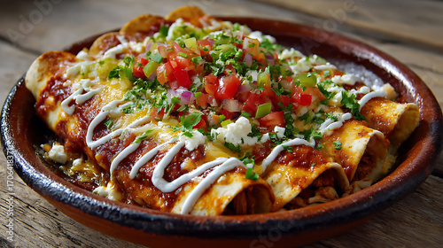  Freshly cooked Mexican chicken enchiladas served on a clay plate (5)