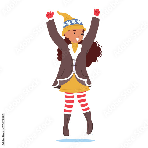 Happy little girl cartoon character wearing cute winter hat rejoicing holidays isolated on white