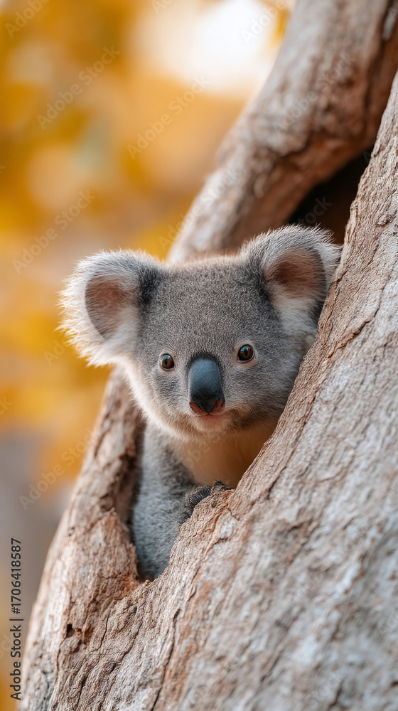 Fototapeta premium Koala resting in tree hollow at sunset capturing serenity and nature's beauty