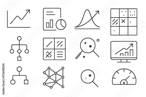 Predictive Analytics Icons. Line style icons of predictive analytics: trend forecast, future data icon, model prediction, risk