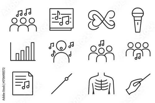 Choir and Vocal Icons. Line style icons of choir and vocals: group singing icon, vocal sheet, harmony symbol, solo mic; voice