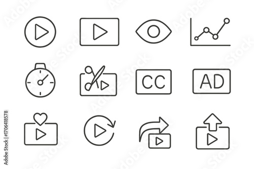 Video Marketing Icons. Line style icons of video marketing: play button, video thumbnail, viewer count, stream chart; watch time