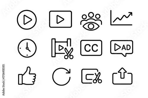 Video Marketing Icons. Line style icons of video marketing: play button, video thumbnail, viewer count, stream chart; watch time
