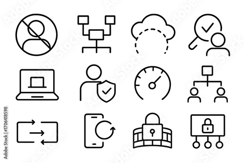 Zero Trust Icons. Line style icons of zero trust architecture: access denied icon, micro-segmentation, trust boundary, always