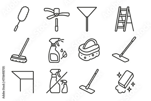 Cleaning Tool Icons. Line style icons of wall and ceiling cleaning: extendable duster, ceiling fan brush, cobweb tool, ladder icon